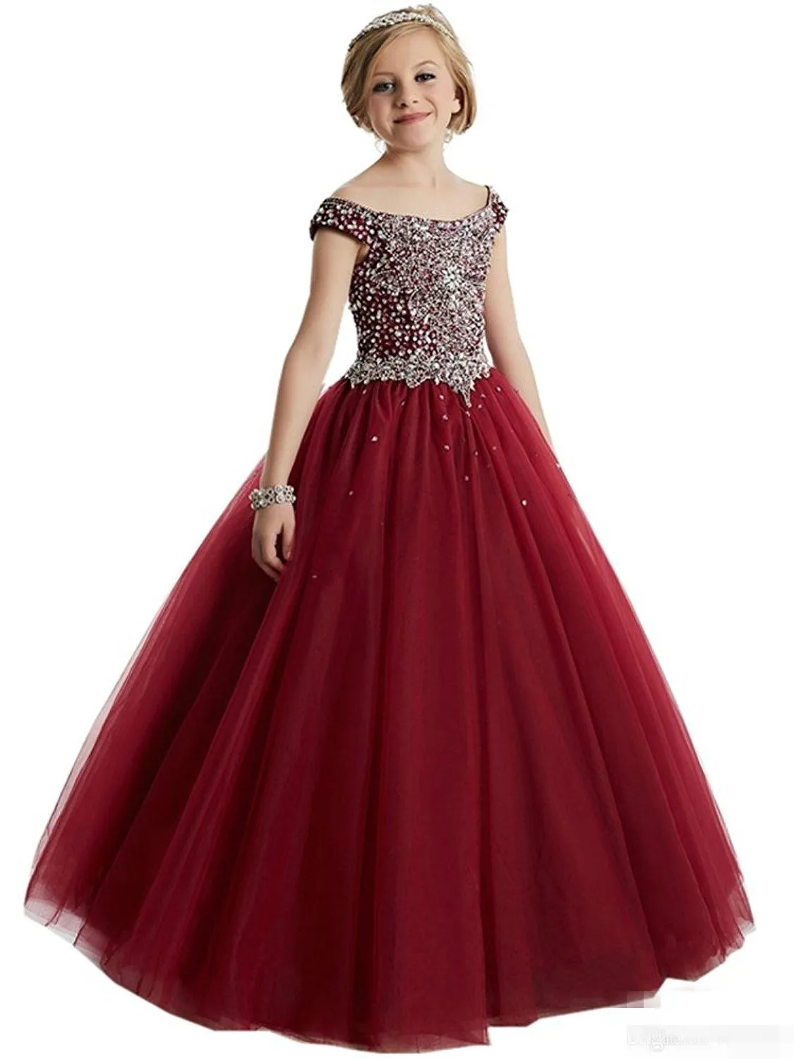 Vestidos de desfile de meninas bordô para meninas vestidos azuis criança turquesa crianças vestido de baile brilho vestido de flor menina casamentos Beade273i