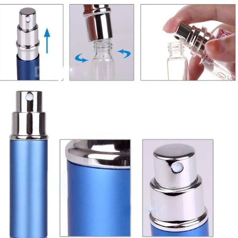 6ml Tom Portable Refillerbar Atomizer Makeup Spray Perfume Flaskor Travel Aluminium Metall Glasfodral med OPP Bag LX1116