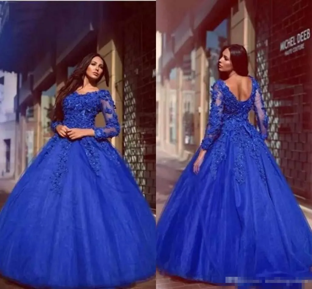 Royal Blue Ball Gown Quinceanera Crew Neck Long Sleeve Lace Appliques Evening Gowns Formal Prom Dresses