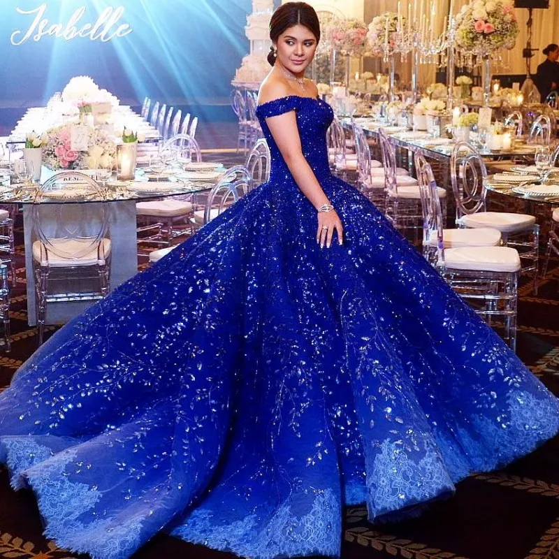 Luxury Dubai Rhinestone Evening Dress Beads Crystal Applique Off Shoulder Evening Gown Gorgeous Ocean Blue Lace Ball Gown Engagement Dresses