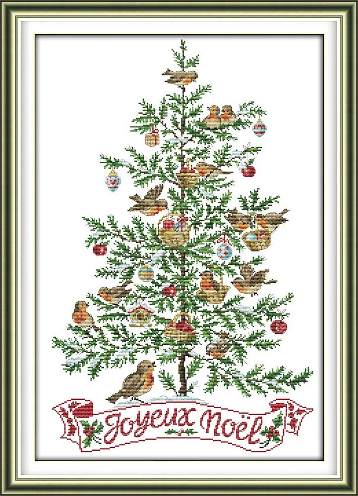 버드 장식 그림이있는 크리스마스 트리, Handmade Cross Stitch 자수 바느질 작업 캔버스에 카운트 된 프린트 DMC 14CT / 11CT