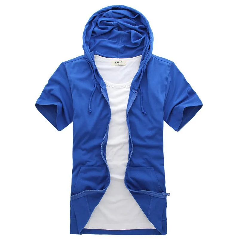 Mäns Kortärmad Hoodie Fashion Casual Short-Sleeve T-shirt, Ungdom Sommar Ny Solid Färg Casual Zipper Cardigan Top