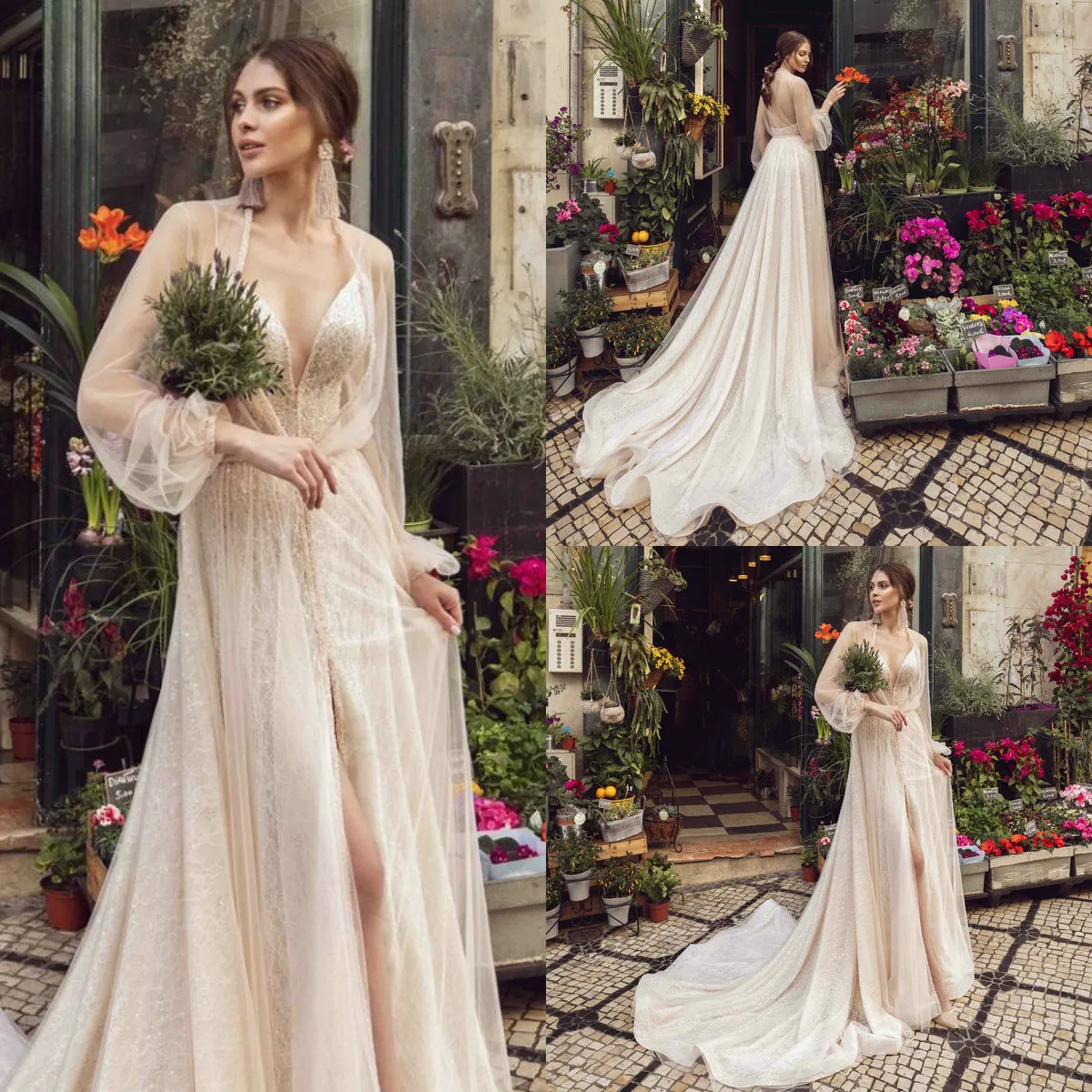Plus Size Lace Sequin Applique Romantic Bohemian Wedding Dresses with and Sweep Train - Boho Bridal Gown
