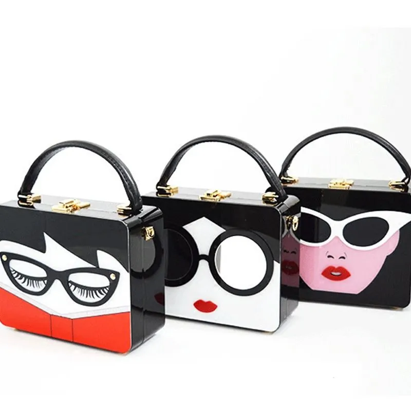 LANSO Fashion Small Square Bag Female Acrylic Evening Bags Glasses Lips Women Personality Wedding Clutch Purse Sisters Party Bag241c