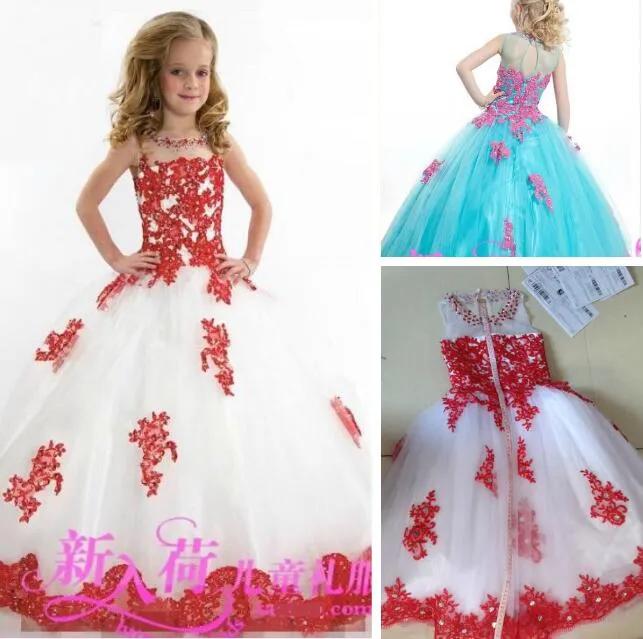 New Arrival Lace Toddler Spaghetti White And Red Tulle Beaded with Handmade Pageant Dresses for Girls Free Shipping