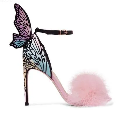 2018ピンクの羽のスティレットのかかとの女性のパンプス蝶の羽ブライダルの結婚式の靴アンクルバックルストラップハイヒールのサンダル