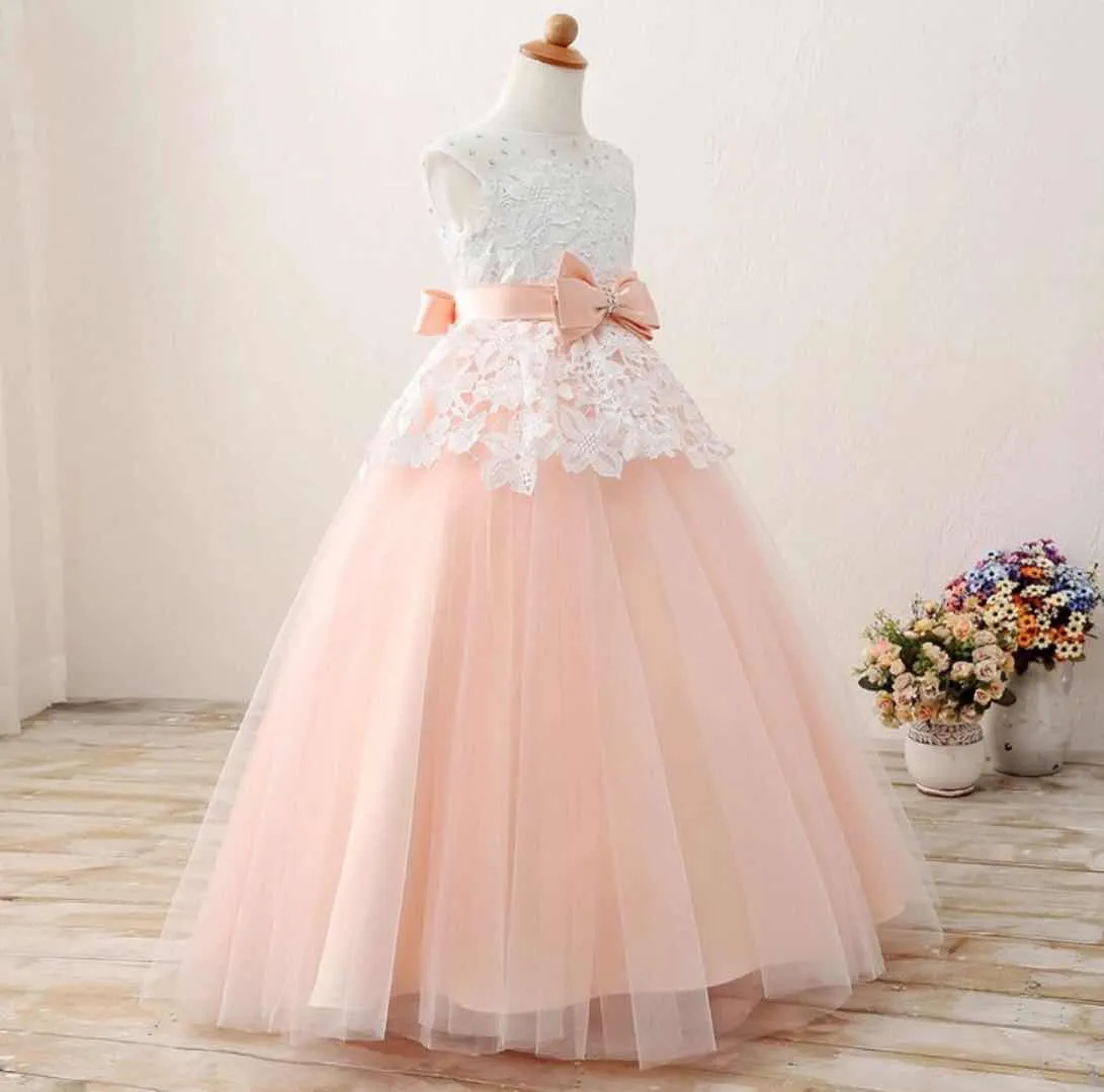 Jewel Ball Gown Tulle Peach Lace Beaded Ribbon Bow Ribbon Floor Length Wedding Flower Girl Dress