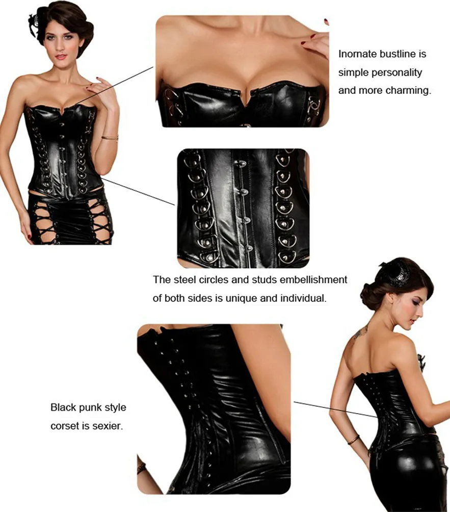 Espartilho De Couro falso Feminino Traje Underwear Vintage Punk Estilo Bustier Sexy Top De Metal Pregos Decorados Frente Cruz Lace-Up De Volta