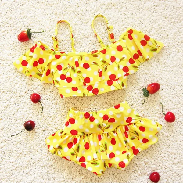 bonito cereja meninas de natação roupas meninas swimwear / Set maiôs crianças terno meninas de banho vestido Bikini Beach