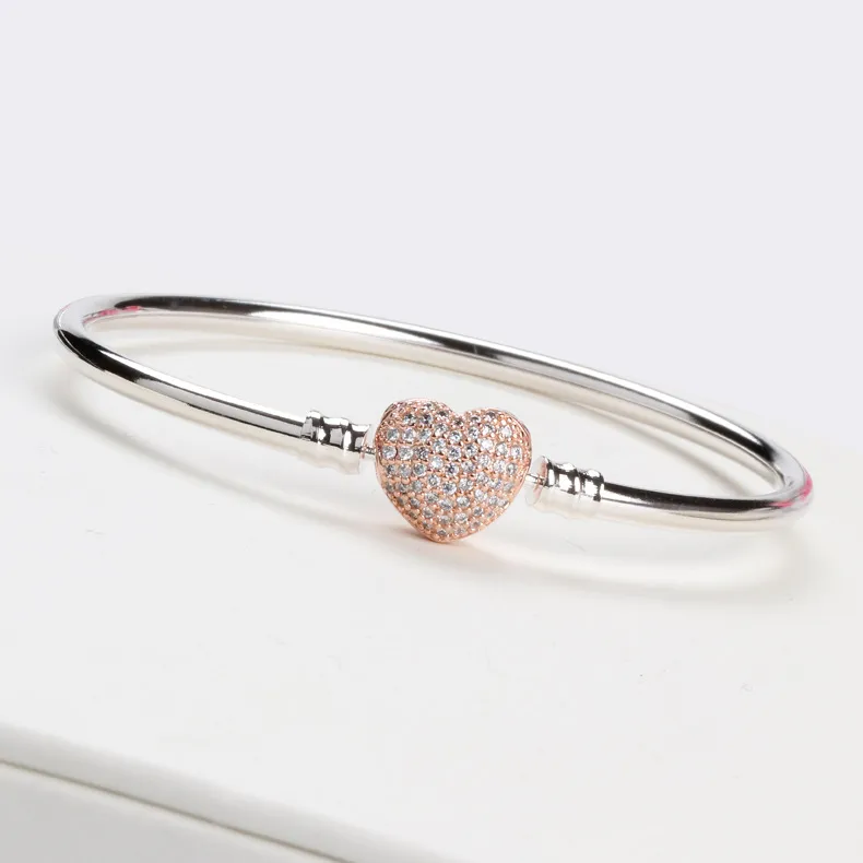 Il bracciale rigido con chiusura a forma di cuore in oro rosa 18 carati di lusso da donna imposta la scatola originale i braccialetti con ciondoli in argento sterling 925 Pandora regalo di nozze