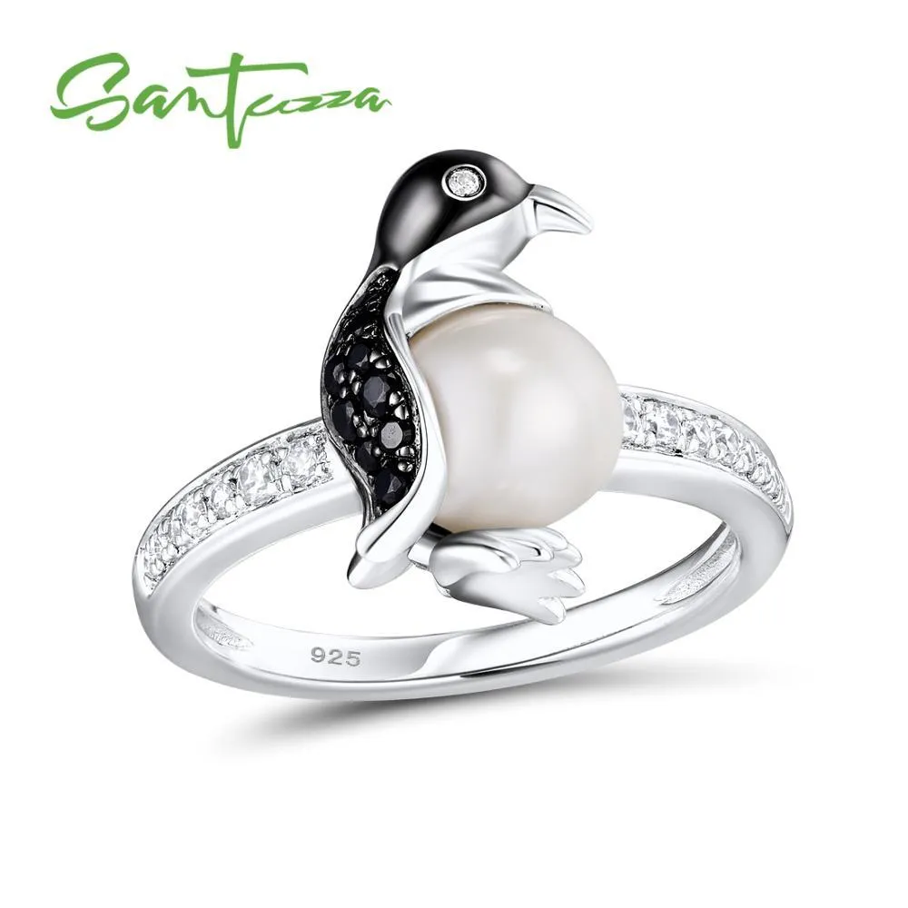 SANTUZZA Silver Penguin Pearl Ring For Women 925 Sterling Silver Trendy Fashion Rings for Women Cubic Zirconia Ringen Jewelry D18111306