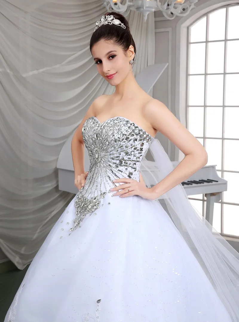 100% Real Image! 2019 Luxury Ball Gown Wedding Dresses Sweetheart Crystal Beaded Tulle Royal Wedding Gowns Cathedral Train Lace Up Back