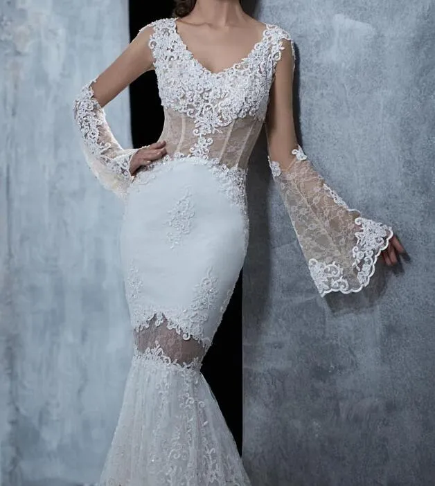 Sexy Koronki Suknie Ślubne Syrenki Juliet Długie Rękawy Backless Sweep Lace Suknie ślubne Oszałamiająca Vestido De Novia