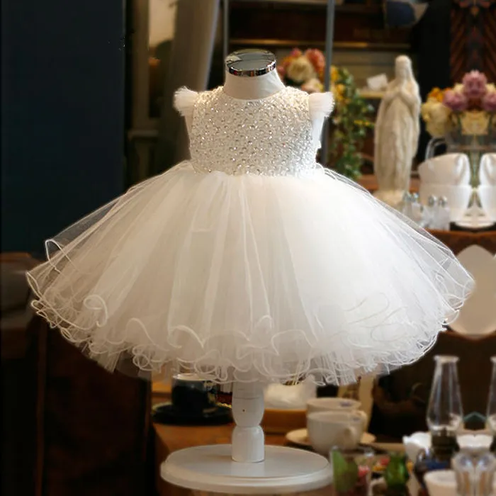 Cute Sequin White Tulle Baby Infant Toddler Baptism Gown Flower Girl Dresses Sleevesless Beaded Lace Tutu Ball Gowns for Wedding Party