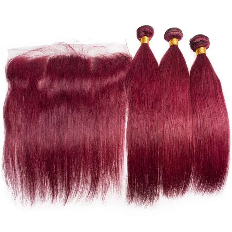 Brésilien Vin Rouge Cheveux Humains 3 Bundles Offres avec Frontal Straight # 99J Bourgogne Rouge Cheveux Weave Bundles avec 13x4 Full Lace Frontal Closure