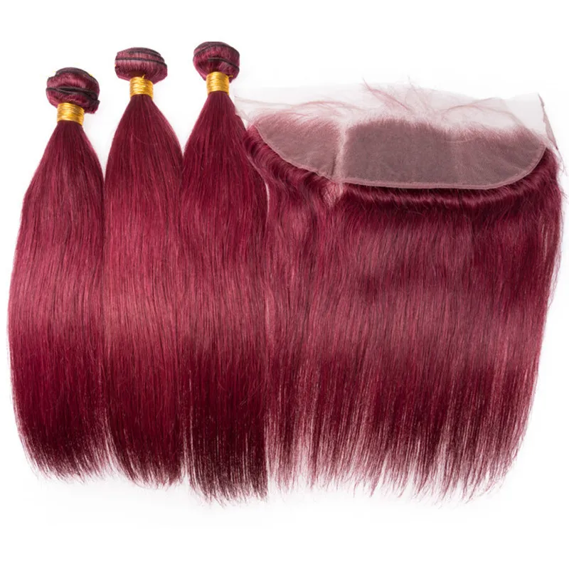 Fasci di tessuto bordeaux capelli umani malesi vergini con chiusura frontale dritto # 99J capelli umani rosso vino intrecciati con frontale in pizzo pieno 13x4