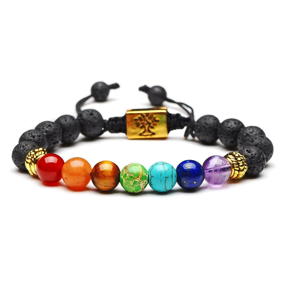 2023 Yoga Handmade 7 Chakra Albero della vita Fili di fascino Braccialetti di perline Pietre laviche Perline Corda Bracciale in pietra vulcanica nera bracciali da donna e da uomo