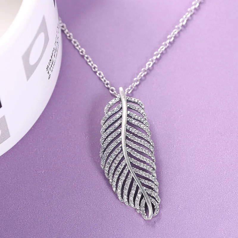 925 Sterling Silver Flashing light feather Crystal Pendant Chain Necklace Fashion Women Gift Jewelry for Pandora Necklace with Original box
