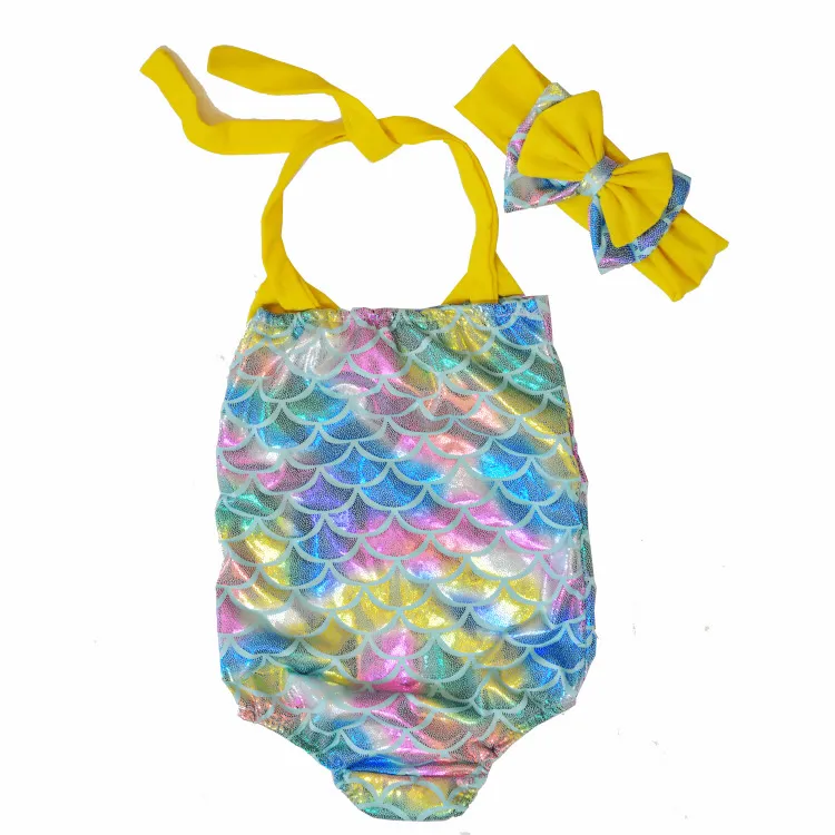 Children Mermaid Swimwear Bow Headband+Bow Swimwear Cartoon Mermaid Bikini Kids One-piece Swimsuit 4 Designs