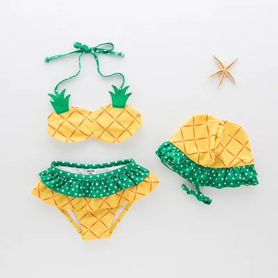 Yellow Pineapple Halter Neck Bikini Set with Hats for Girls 2024