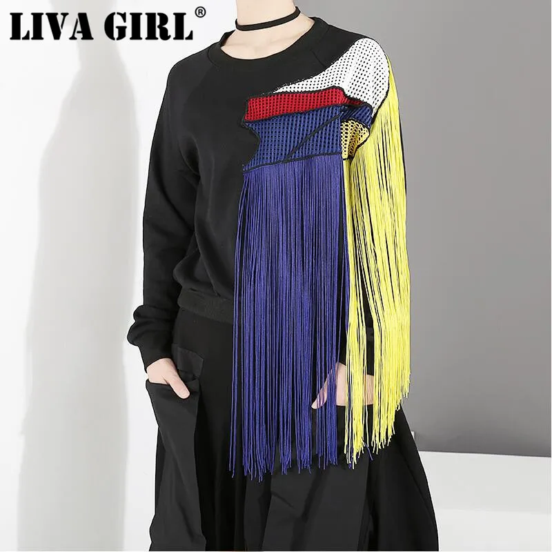 Liva Girl 새로운 가을 겨울 라운드 목 긴 소매 검은 tassels 분할 조인트 느슨한 성격 스웨터 여성 패션 조류