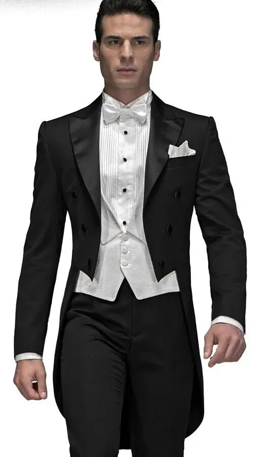 Moda Style Black Tailcoat Men Wedding Tuxedos Znakomity Groom Tuxedos Men Design Prom Ceremonial Dress (kurtka + spodnie + krawat + kamizelka) 793