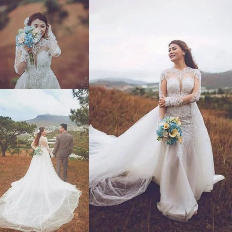 2018 Sobrefaldas modestas Vestidos de novia Manga larga Joya Cuello Apliques de encaje Vestidos de novia con tren desmontable Por encargo robe de mari￩e