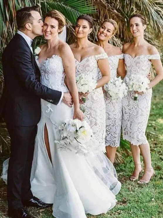 2018 Elegante kurze Brautjungfernkleider aus Spitze, schulterfrei, knielang, rückenfrei, elfenbeinfarben, nackt, Kleider für Hochzeitsgäste, kurze Brautkleider