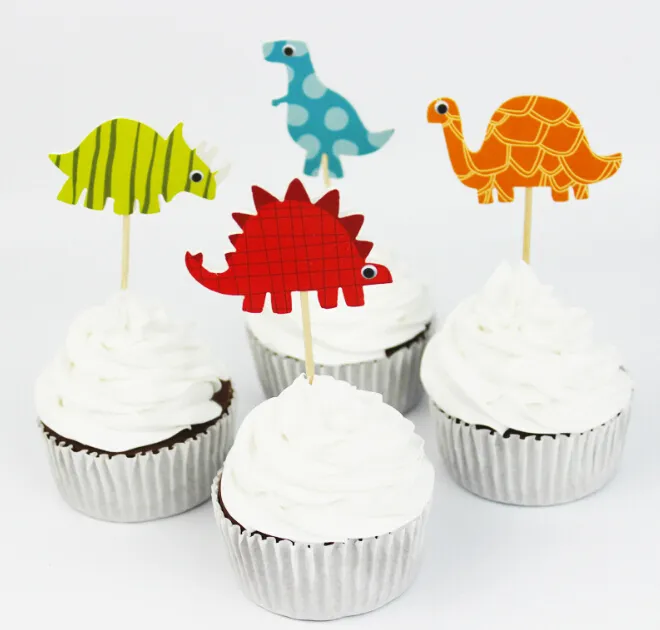 Toppers per torta di dinosauro Cartoon Cupcake Topper Decorazione per torta Inserto per carta Forniture per feste di compleanno con bastoncini 24 pezzi confezione12811