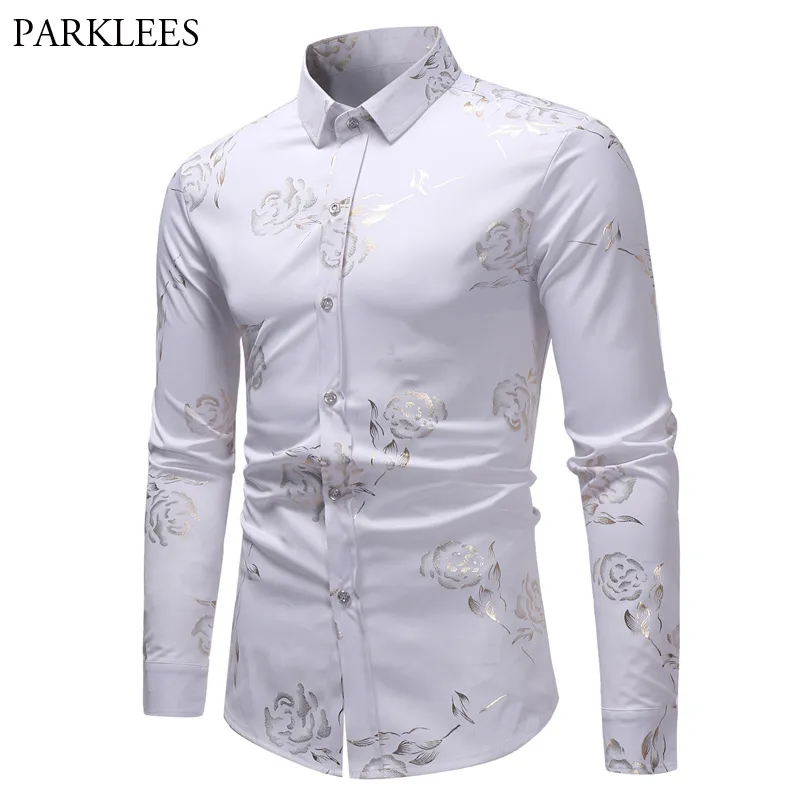 Mens Hipster Gold Rose Printed Shirt 2018 Brand Slim Fit White Casual Long Sleeve Dress Shirts Men Prom Performing Chemise Homme