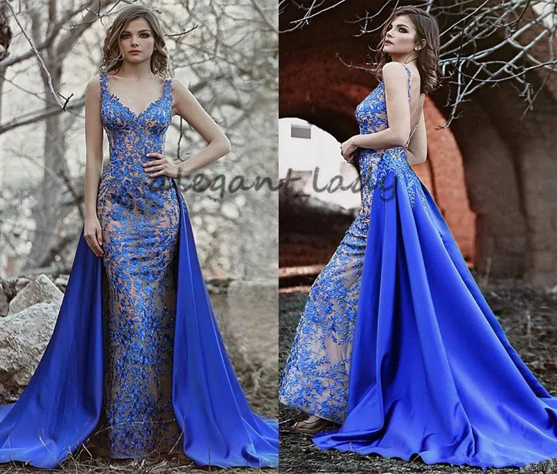 Evening Dresses With Detachable Overskirt Lace Tulle Applique Beaded V Neck Sweep Train royal blue Formal Party Plus Size prom Gown