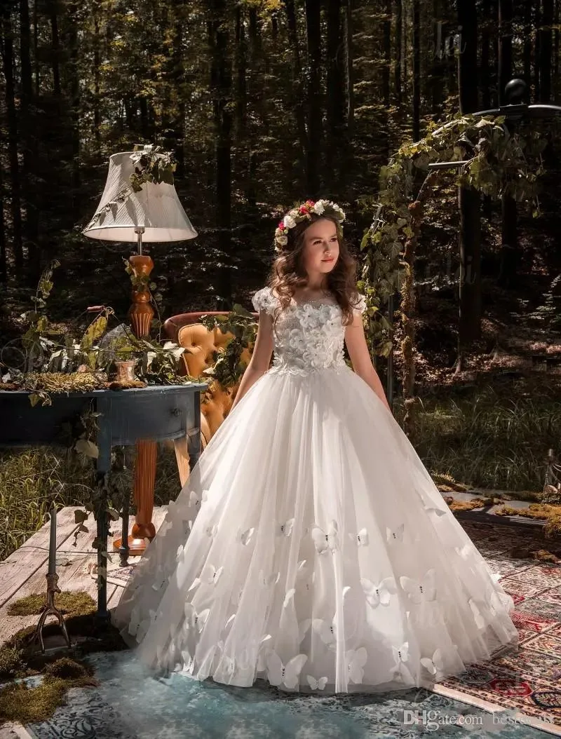 Belle princesse robes de demoiselle d'honneur pour les mariages perles fleurs papillons enfants robe de mariée robes de concours