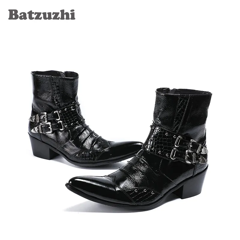 Botas Hombreハンドメイドロックメンズブーツ足首の尖ったつま先の黒革のブーツ男性6.5cmかかとミリタリースタリーブーツ