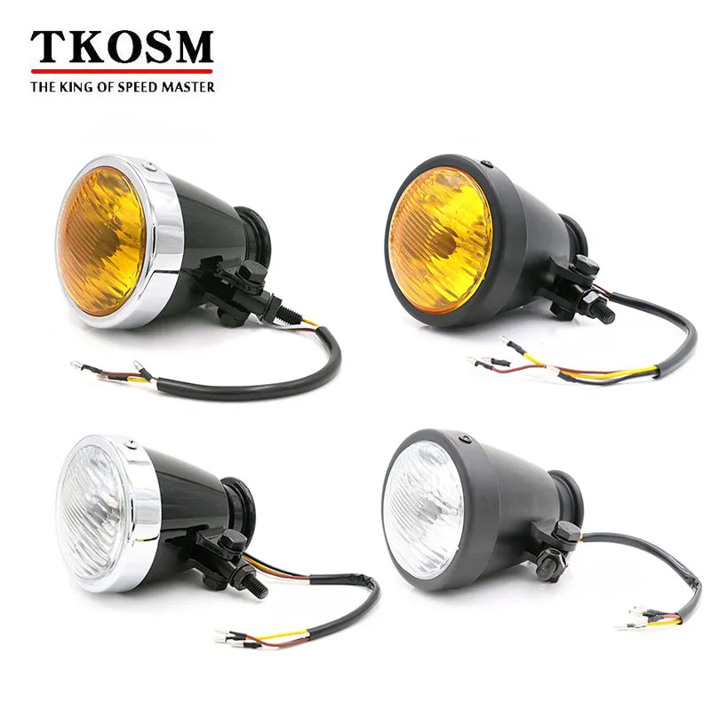 TKOSM Vintage coque en aluminium moto phare Scooter avant lampes jaune/blanc lentille universelle pour Kawasaki Suzuki