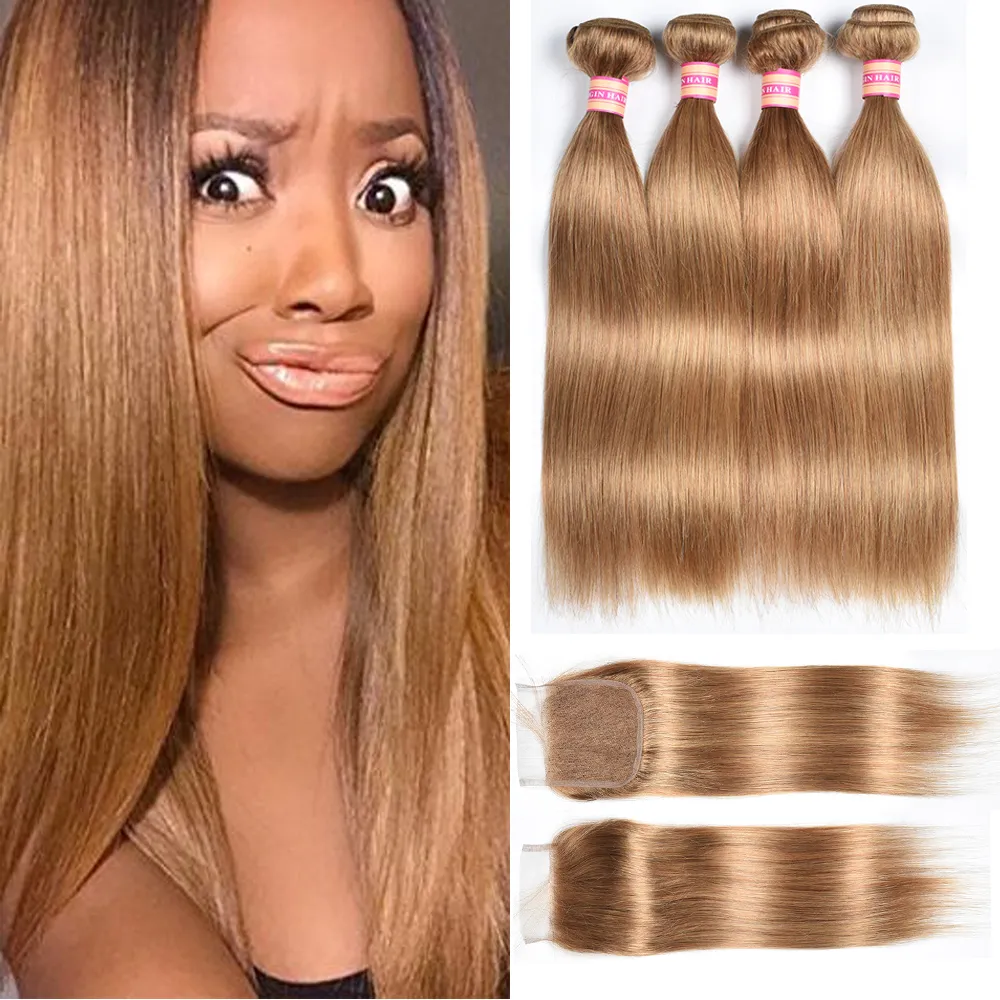 Billiga indiska mänskliga hårbuntar med stängning Blond färg 27 Billiga Indian Straight Virgin Hair Wefts med 4x4 Top Lace Clos5437118