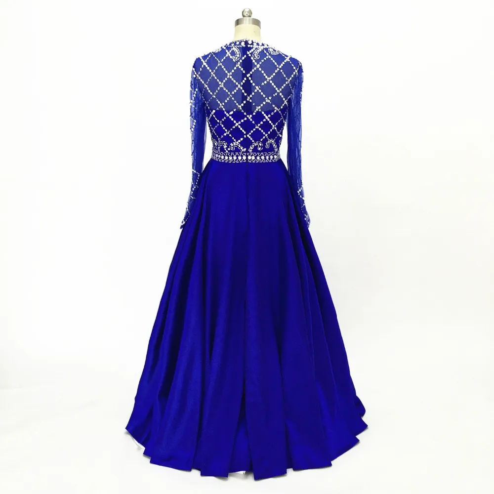 Stunning Royal Blue Manica lunga Pageant Dresses Prom Dresses 2022 Alto collo Illusione Crystal Beaded Sequin A Linea Satin Hollow Back Abiti da sera