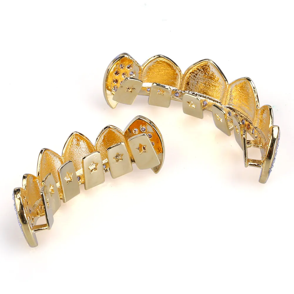 18k Real Gold Teeth Grillz Caps Iced Out Top Bottom Vampire Fangs Dental Grill Set Whole6121303