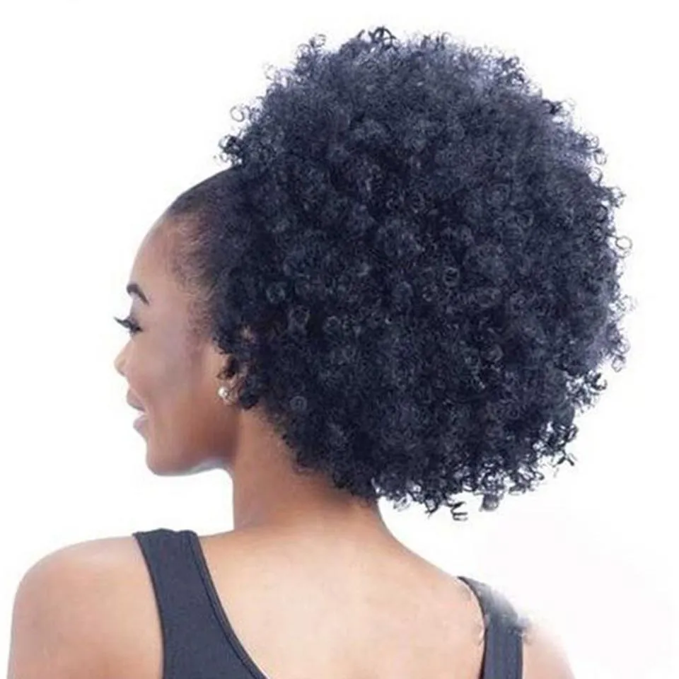 Kurze hohe Pferdeschwanz-Afro-Puff-Locken-Pferdeschwanz-Haarverlängerung, tiefschwarzes indisches reines Haar, Kordelzug-Pferdeschwanz für schwarze Frauen, 140 g