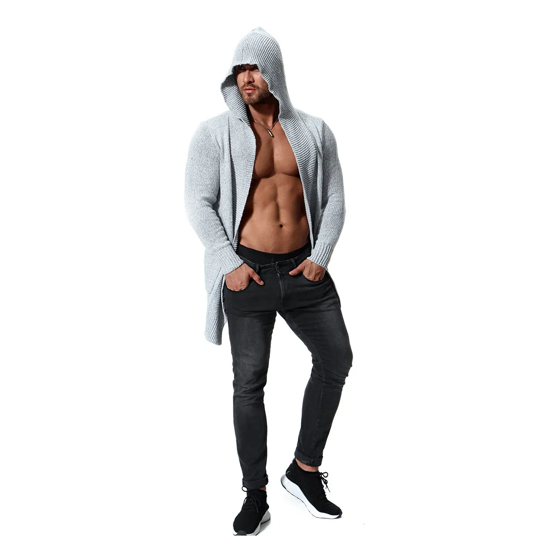 Mens long sweater with hood top