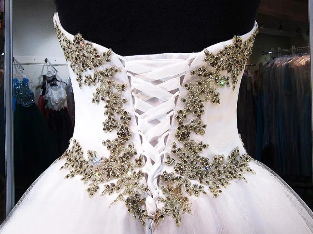 white and gold sweet sixteen dress Gold Lace Quinceanera Gown with Pearls - Sweet 16 Gold wedding dress, Glitter Sequined, Perfect for Birthday and Prom