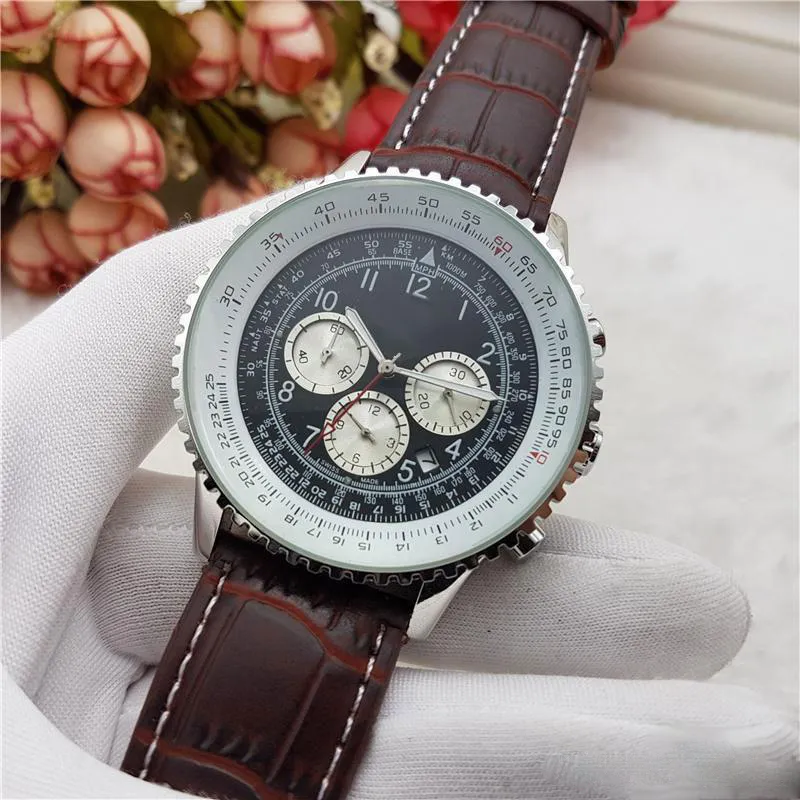 2018 Hot 3 Dials Working Quartz Watch Top Mens Leather Chronograph Wristwatches Stainless Steel Classic Pilot Relogio Relojes