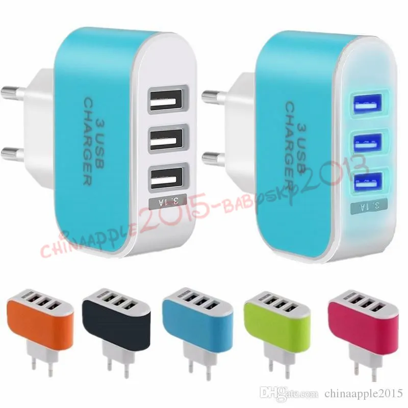 US EU Plug 3 USB Ports Wall Charger 5V 3.1A LED Adapter Travel Convenient Power Adaptor with triple USB Ports For iphone 5 6 7 for samsung