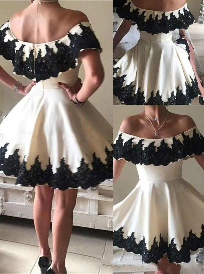 Charmante schwarze Spitze-Abschlussballkleider mit Bateau-Ausschnitt und Applikationen, arabisches kurzes Ballkleid, Cocktail-Party, Club-Abschluss-Ballkleider