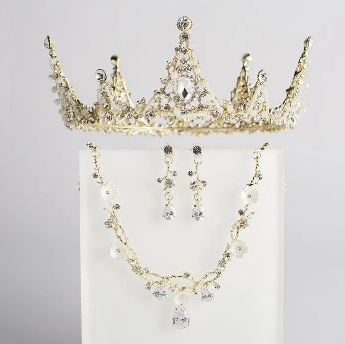 Gli orecchini della collana della corona di zirconi artificiali in oro da sposa hanno impostato gli accessori per abiti da sposa da sposa