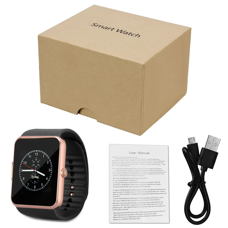 GT08 Smart Watch Bluetooth Smartwatches för Android -smartphones armband med SIM -kortplats Support NFC 1,44 tum skärmhälsoklock i detaljhandeln