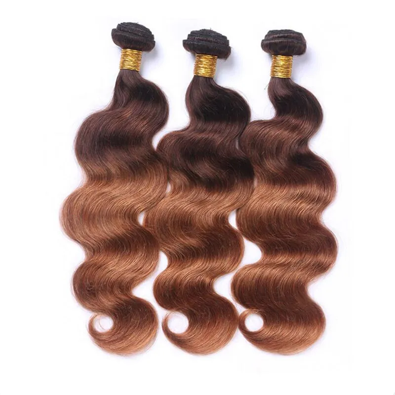 Ombre 4/30 Body Wave 3 Bundles Brazilian Remy Human Hair Weaves Ombre Color Two Tone Dark Brown to Medium Auburn Hair Extensions