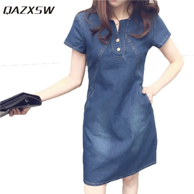 QAZXSW 2018 robes de grande taille pour femmes été Denim robe Harajuku femmes Jeans décontractés robe avec poche robes Feminino HB660