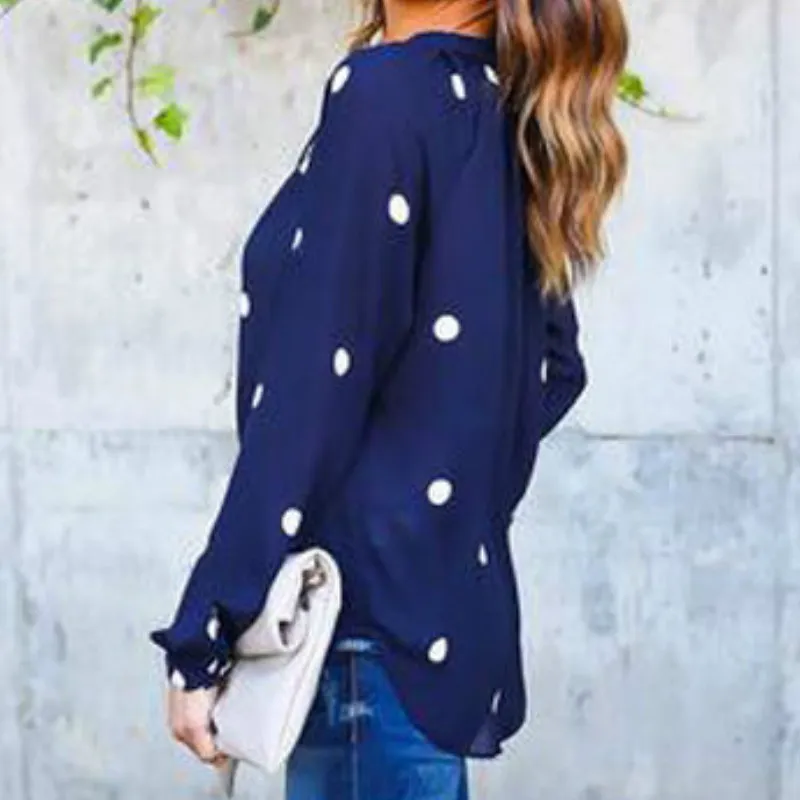 Mode chifon tröjor polka dot utskrift höst våren kvinnor blusar långärmad damer casual toppar femme blusas skjortor femme gv175