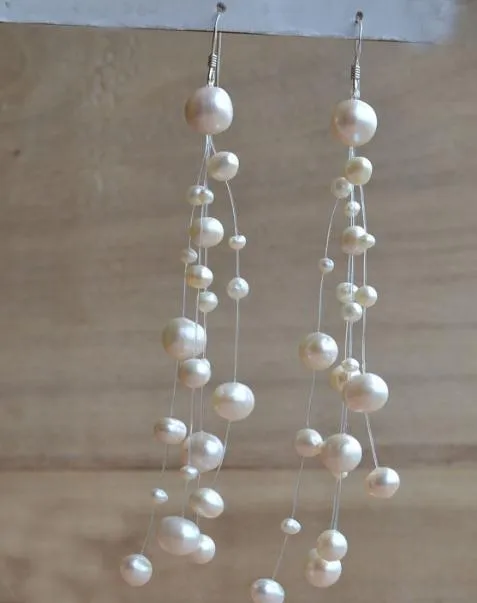 Schwimmende Perle Ohrringe, Illusion weiße Farbe Süßwasser Perle baumeln Ohrring, Multistrand Schmuck, Hochzeit Brautjungfer Geschenk