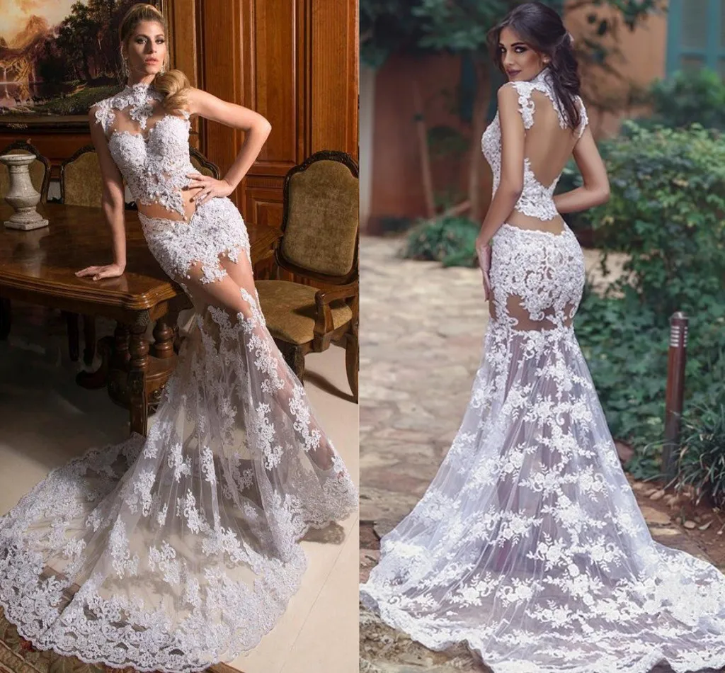 Sexy Illusion Branco Mermaid Lace Vestidos alta Neck Arábia Árabe Longo Prom vestidos de verão vestidos de noite formal